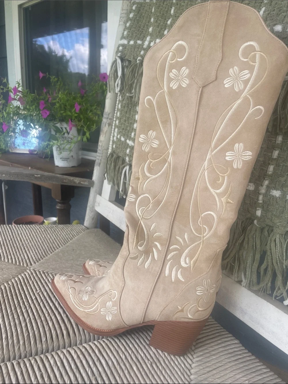 Over-the-Knee Embroidered Suede Boots in Beige